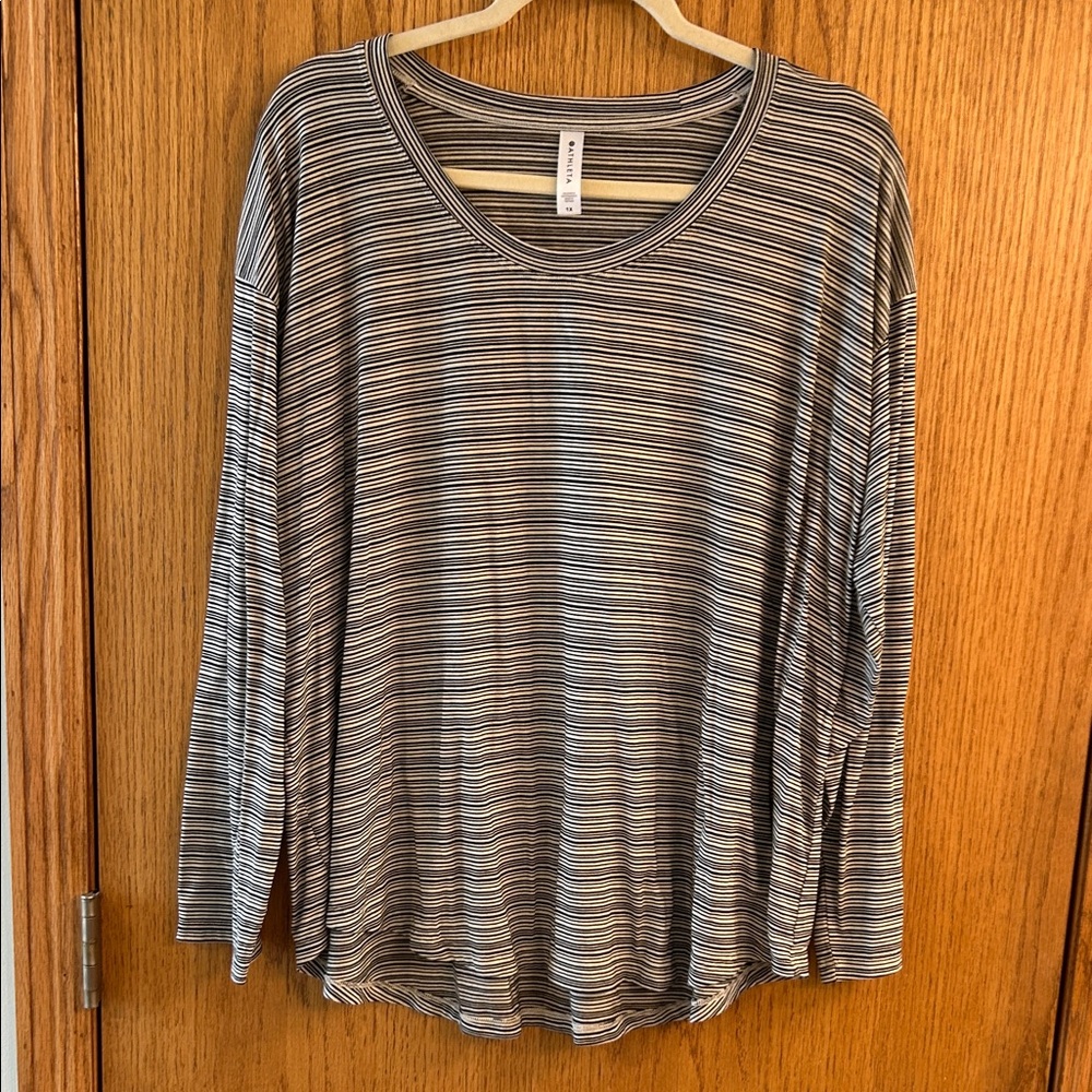 Athleta Black and White Striped Long Sleeve Tee